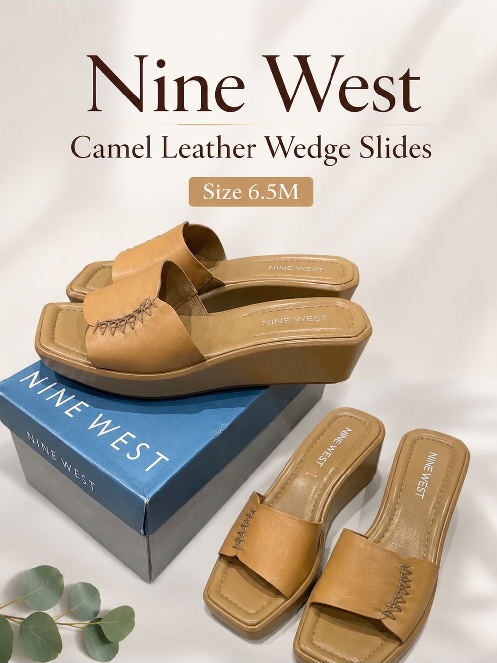 Nine West Squareforme Camel Leather Wedge Slide Sandals Square Toe 6.5M